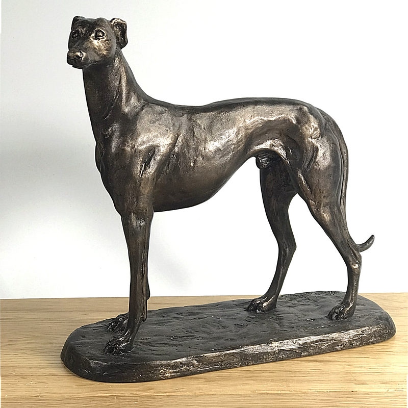 'Gus' large bronze effect standing Greyhound figurine by Harriet Glen