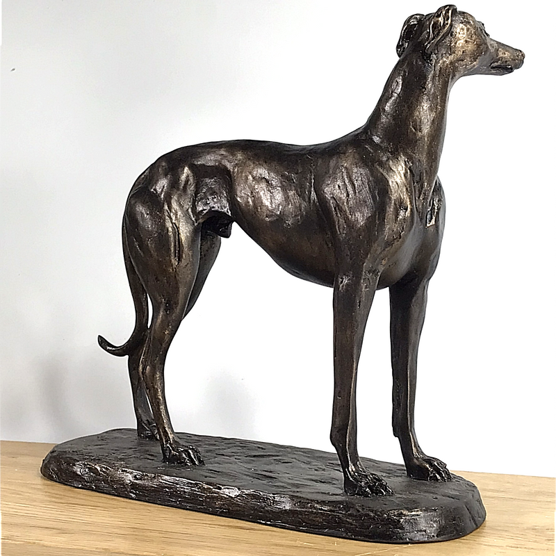 'Gus' large bronze effect standing Greyhound figurine by Harriet Glen