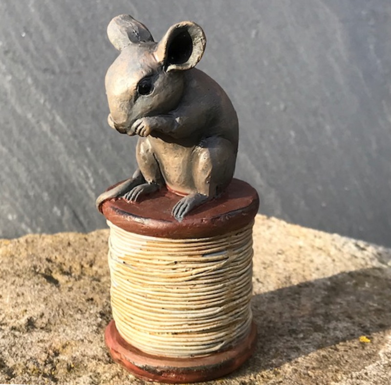Old antique effect mouse on cotton reel ornament, great sewing fan gift or mouse lover decoration