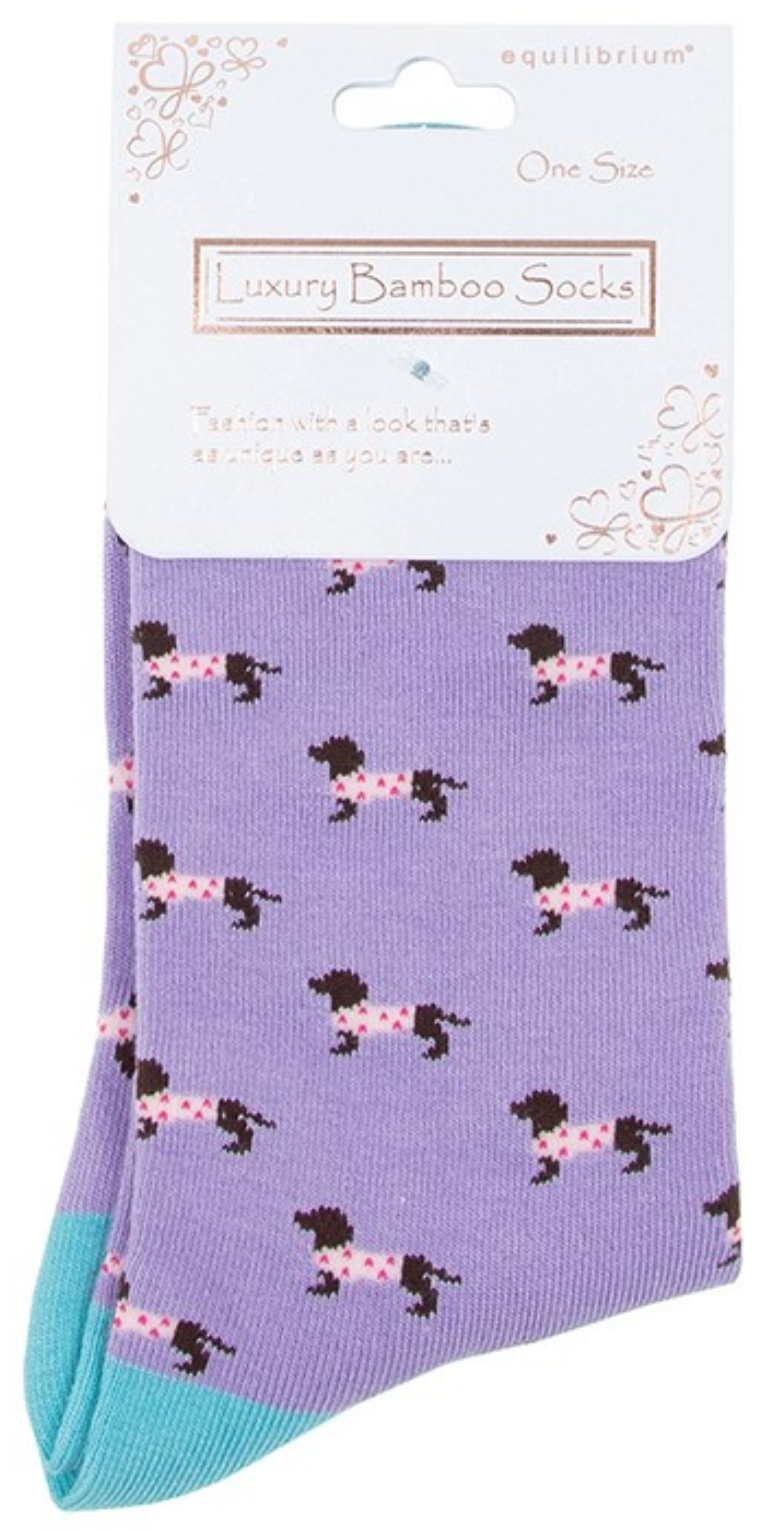 Ladies quality Bamboo 'Pooch' Dachshund in spotty coat design socks in Lilac or Blue