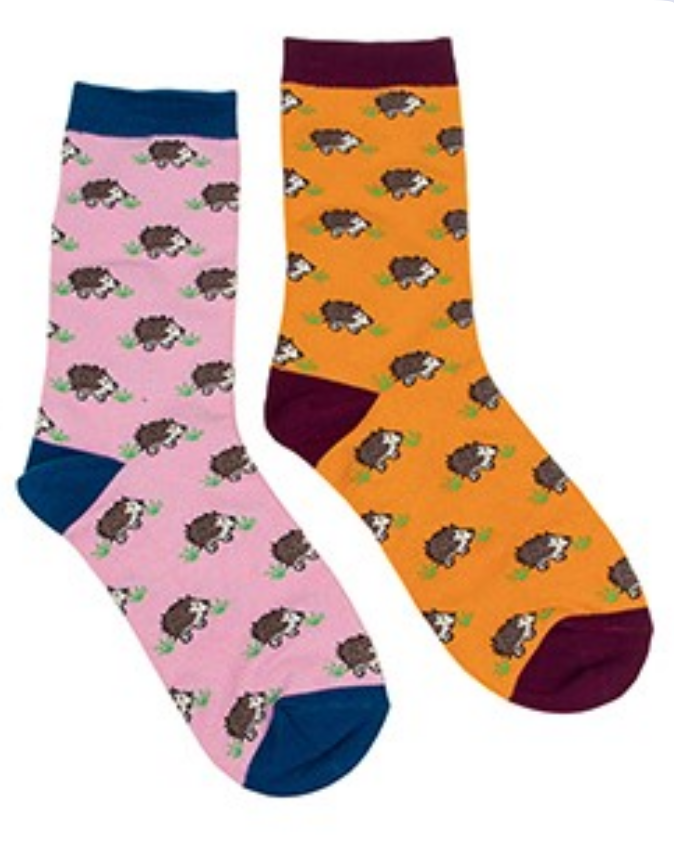 TWO PAIR GIFT SET (Pink + Mustard) Ladies quality Bamboo Hedgehog design socks