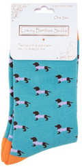 Ladies quality Bamboo 'Pooch' Dachshund in spotty coat design socks in Lilac or Blue