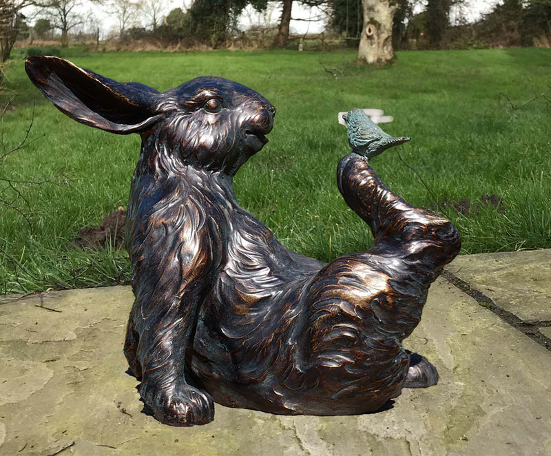Renee the Rabbit - bronze effect Rabbit with Bird on foot quirky garden ornament decoration