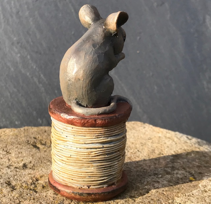 Old antique effect mouse on cotton reel ornament, great sewing fan gift or mouse lover decoration