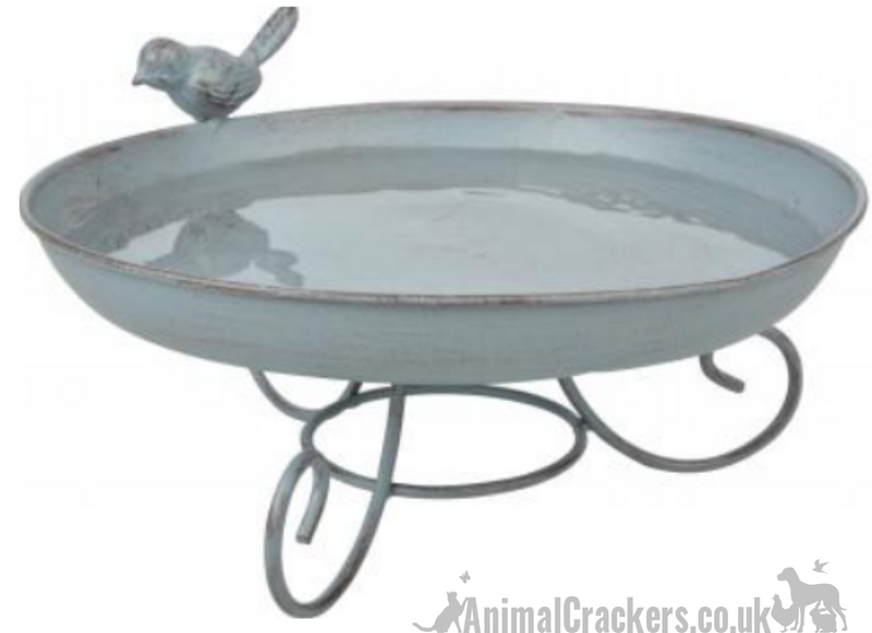 Grey Metal freestanding Bird Bath/Feeder with decorative bird, garden bird/wildlife lover gift