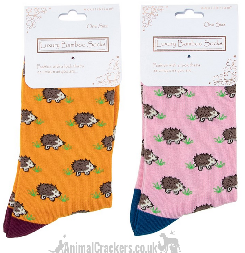 TWO PAIR GIFT SET (Pink + Mustard) Ladies quality Bamboo Hedgehog design socks