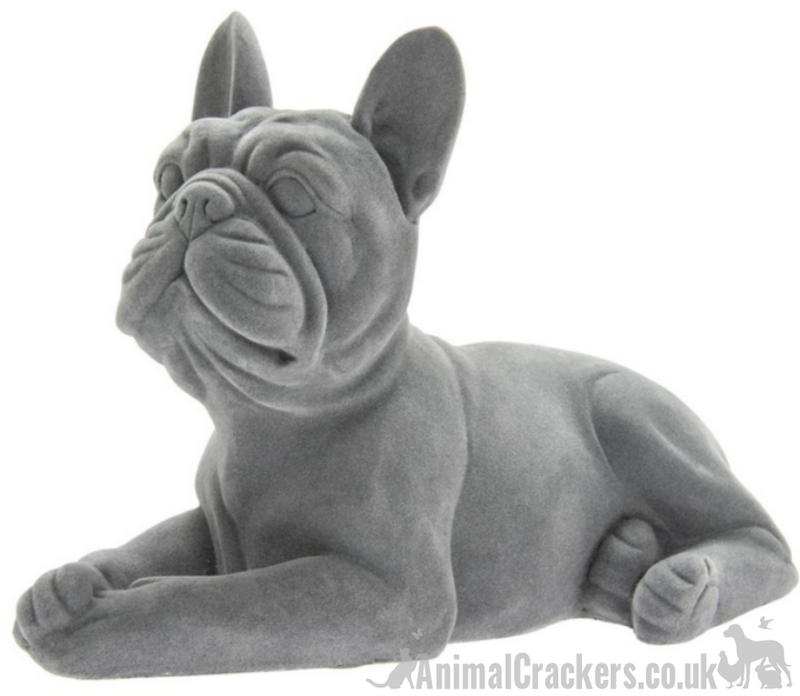 Grey velvet effect laying French Bulldog figurine ornament, Frenchie lover gift