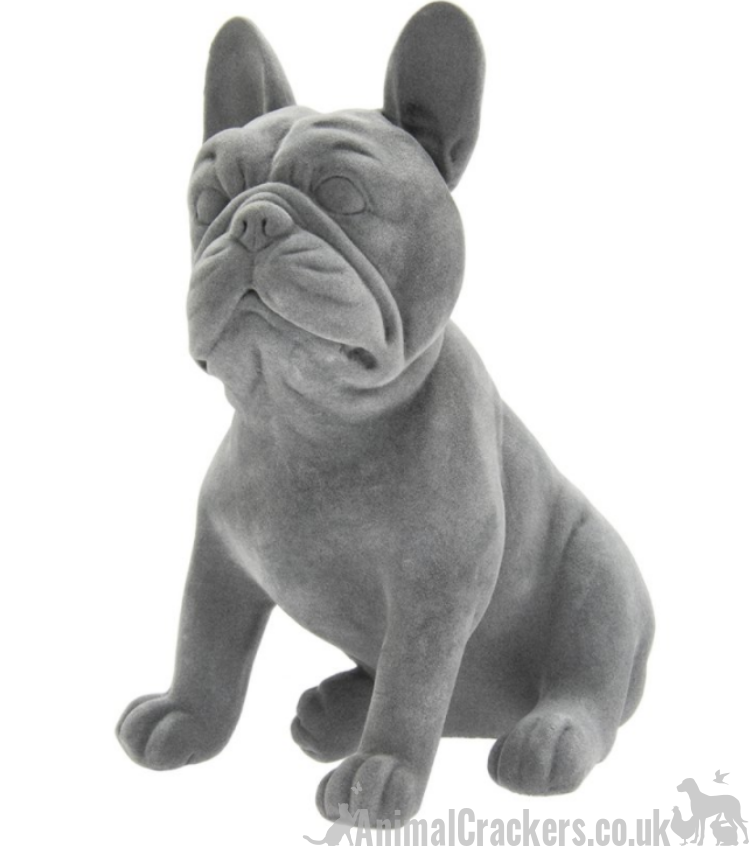 Grey velvet effect sitting French Bulldog figurine ornament, Frenchie lover gift