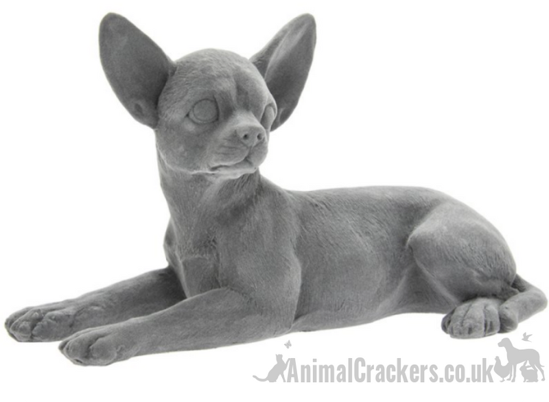Grey velvet effect laying Chihuahua figurine ornament, Chihuahua lover gift
