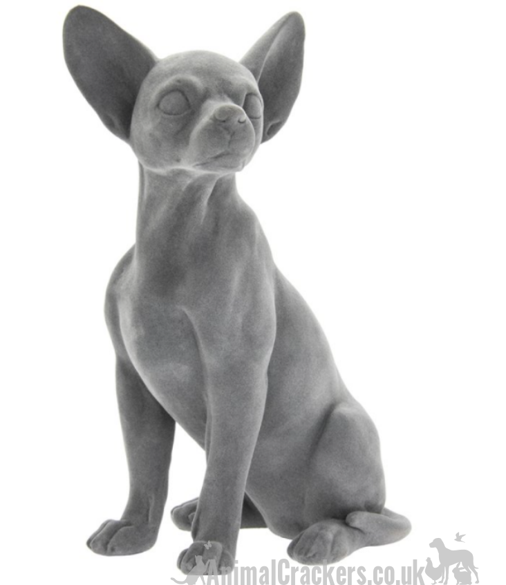 Grey velvet effect sitting Chihuahua figurine ornament, Chihuahua lover gift