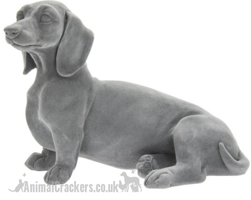 Grey velvet effect sitting Dachshund figurine ornament, Sausage Dog lover gift