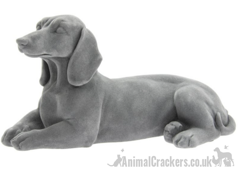 Grey velvet effect laying Dachshund figurine ornament, Sausage Dog lover gift