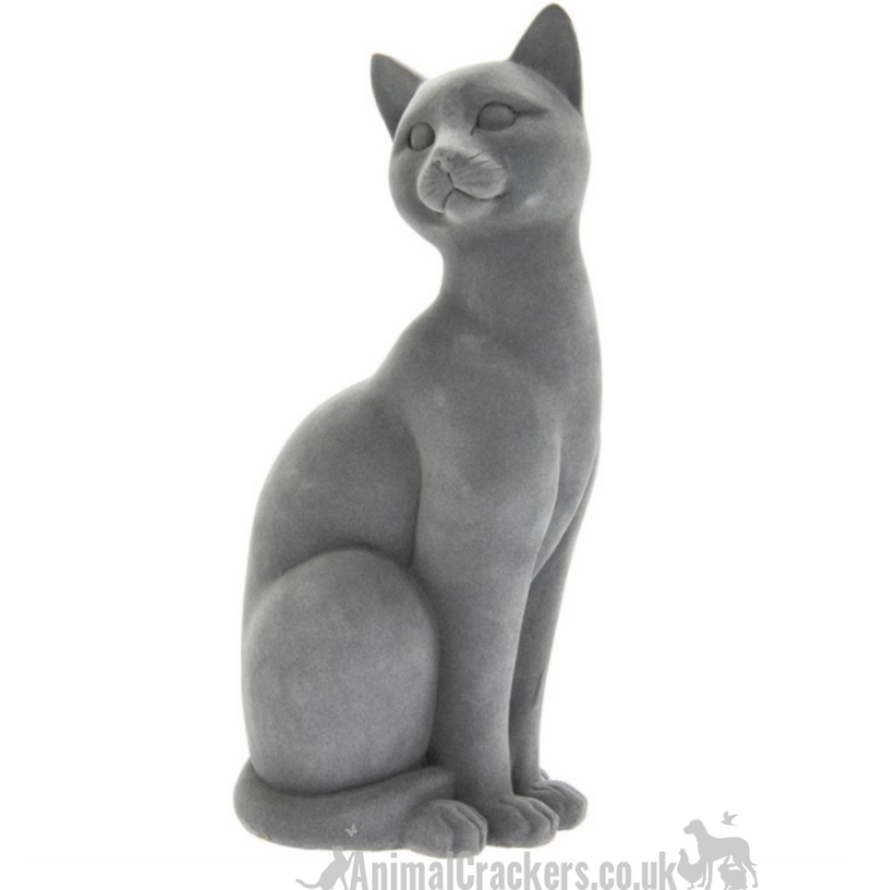 Grey velvet effect sitting Cat figurine ornament, great Cat lover gift