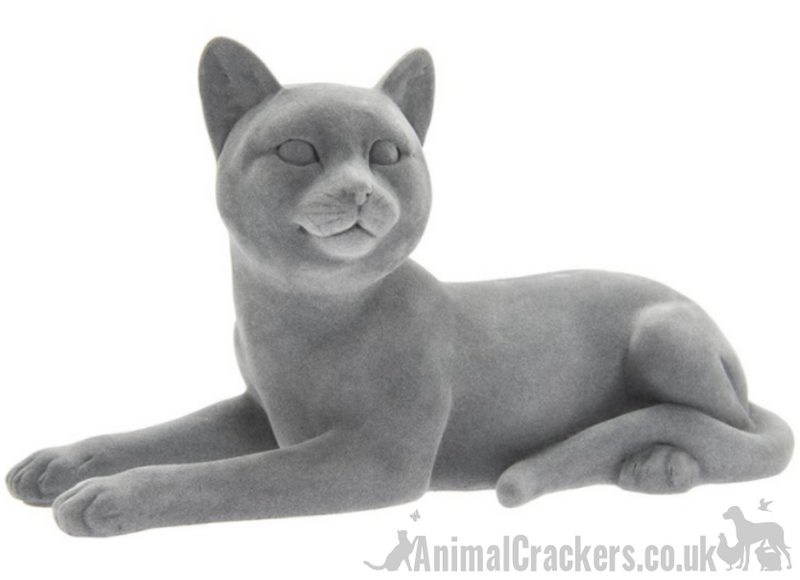 Grey velvet effect laying Cat figurine ornament, great Cat lover gift