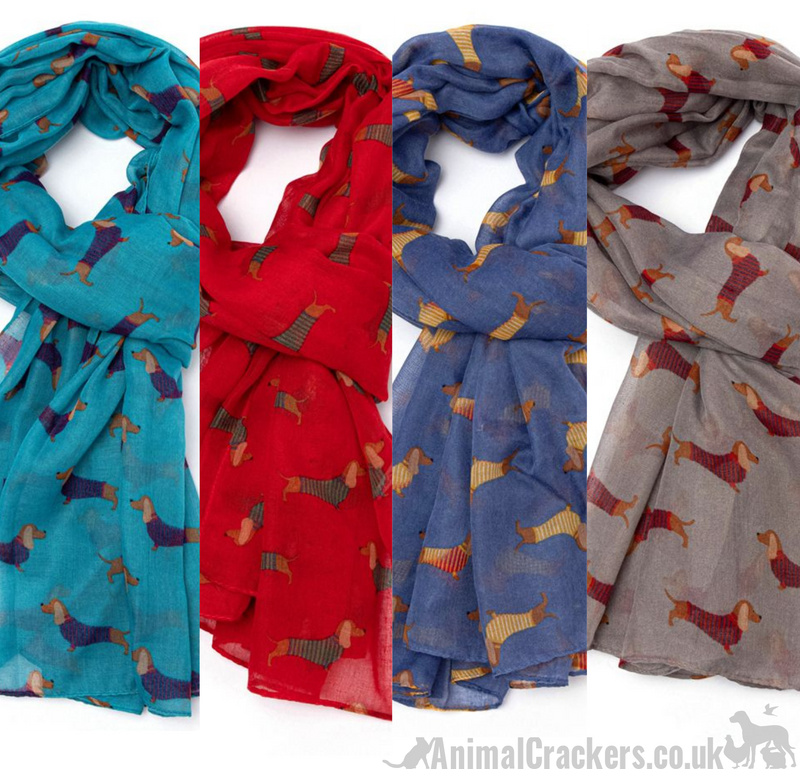 Ladies lightweight Dachshund in Stripy coat design Scarf Sarong in choice of colours, great Sausage Dog lover gift and stocking filler!
