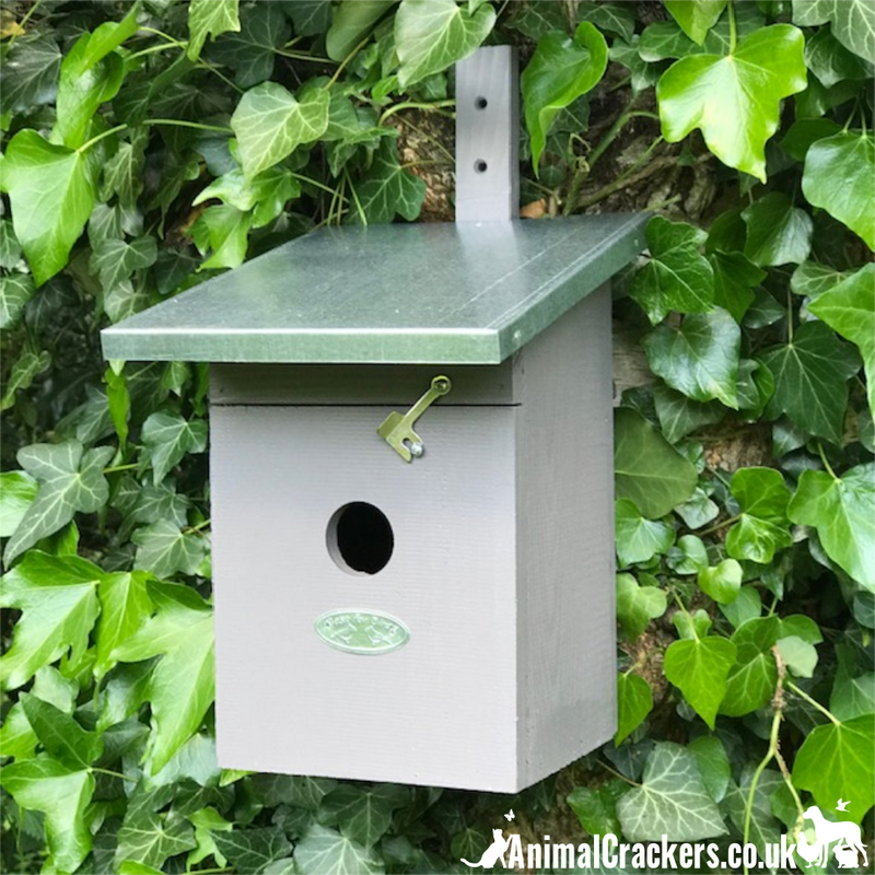 Bird House nest box designed for the GREAT TIT & SPARROWS, & suitable for other small garden birds, Grey chunky wood with Tin Roof
