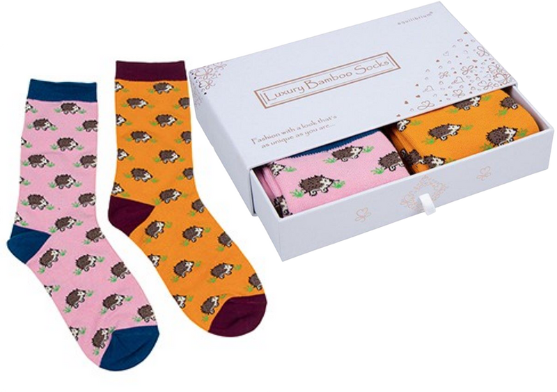 TWO PAIR GIFT SET (Pink + Mustard) Ladies quality Bamboo Hedgehog design socks