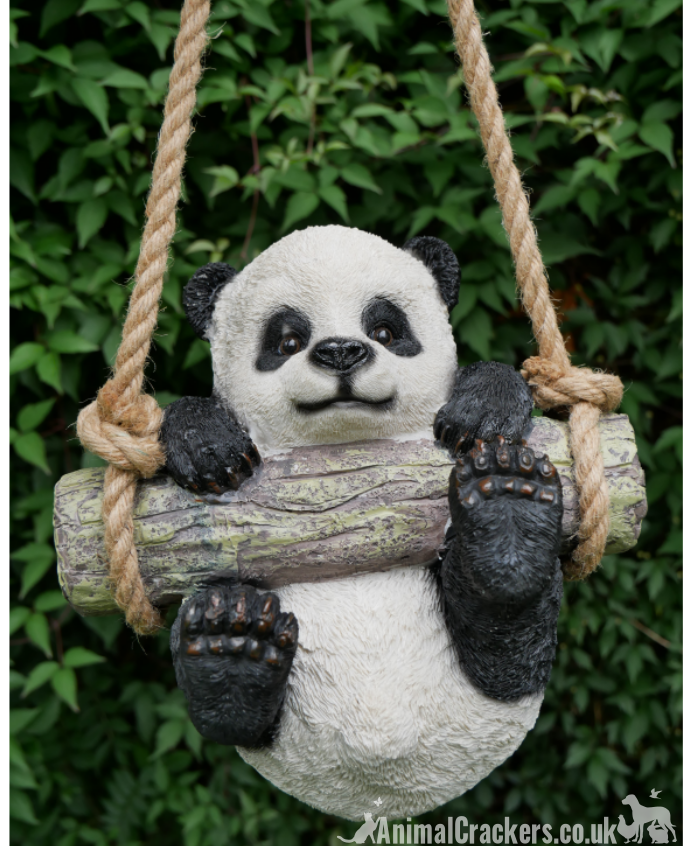 Panda swinging on a log rope swing, hanging tree decoration, great novelty panda lover gift