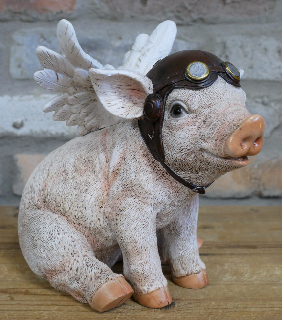 Large Flying Angel Pig wearing Pilot hat & goggles ornament, novelty Pig lover gift