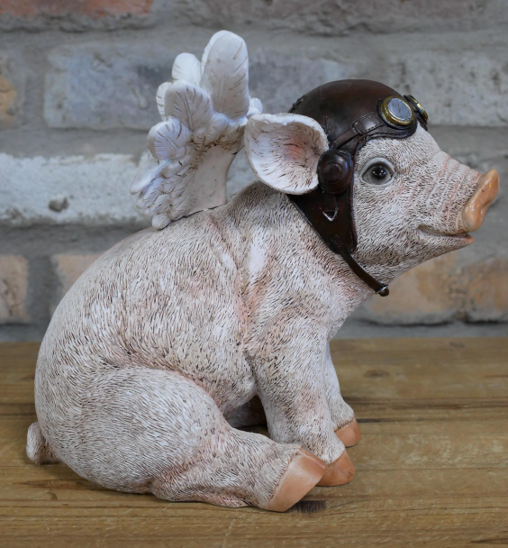 Large Flying Angel Pig wearing Pilot hat & goggles ornament, novelty Pig lover gift