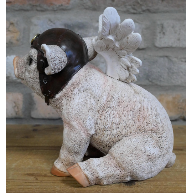Large Flying Angel Pig wearing Pilot hat & goggles ornament, novelty Pig lover gift