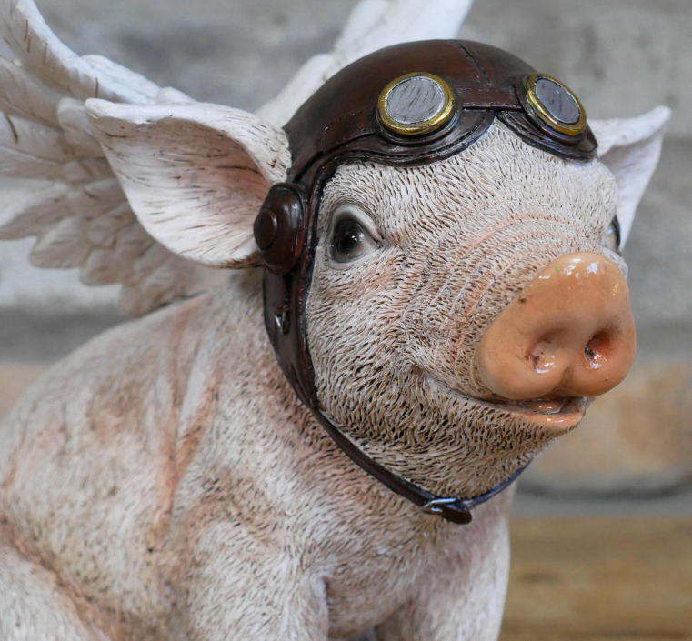 Large Flying Angel Pig wearing Pilot hat & goggles ornament, novelty Pig lover gift