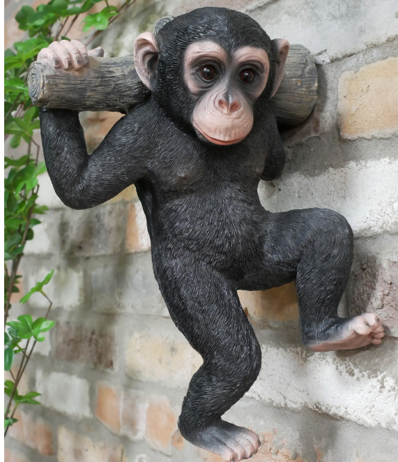 Chimpanzee hanging from a branch, novelty garden ornament decoration, Monkey lover gift