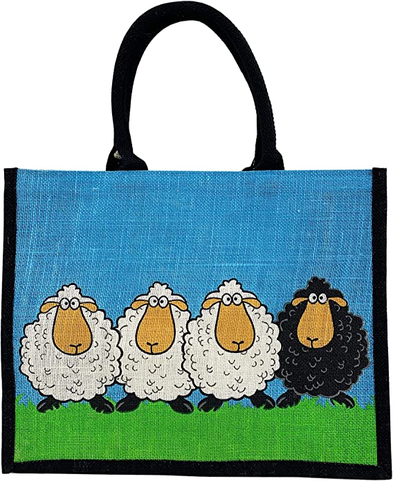Black and white Sheep design reusable eco friendly jute shopping bag, novelty sheep lover gift