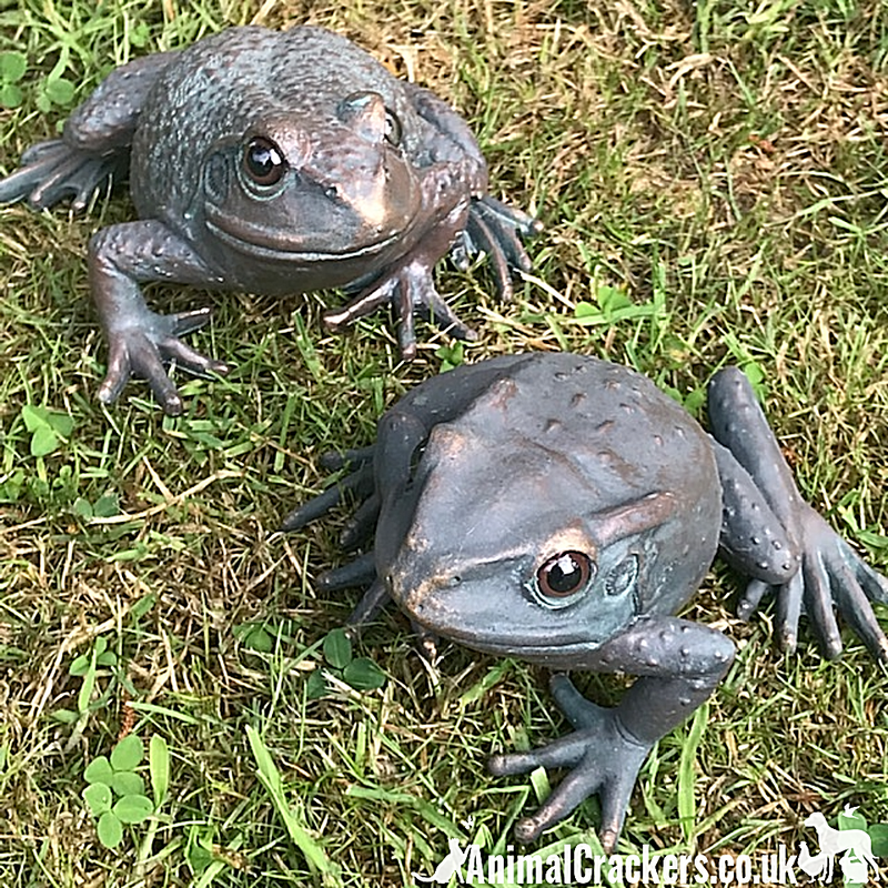 Set of 2 aged bronze effect Frog ornaments, quirky garden pond decoration