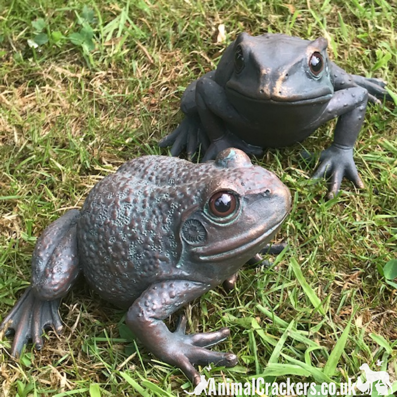 Set of 2 aged bronze effect Frog ornaments, quirky garden pond decoration
