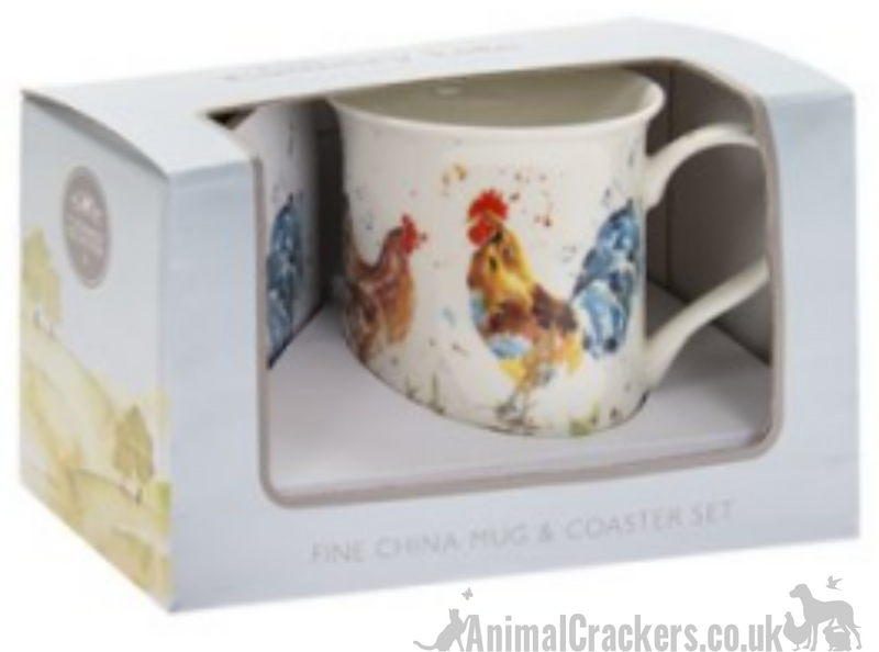 Leonardo Country Life Cockerel & Hen china Mug & Coaster set, great Chicken lover gift, in quality gift box