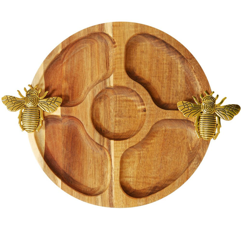 Round wood segmented nibbles board with gold Bee handles, gift boxed