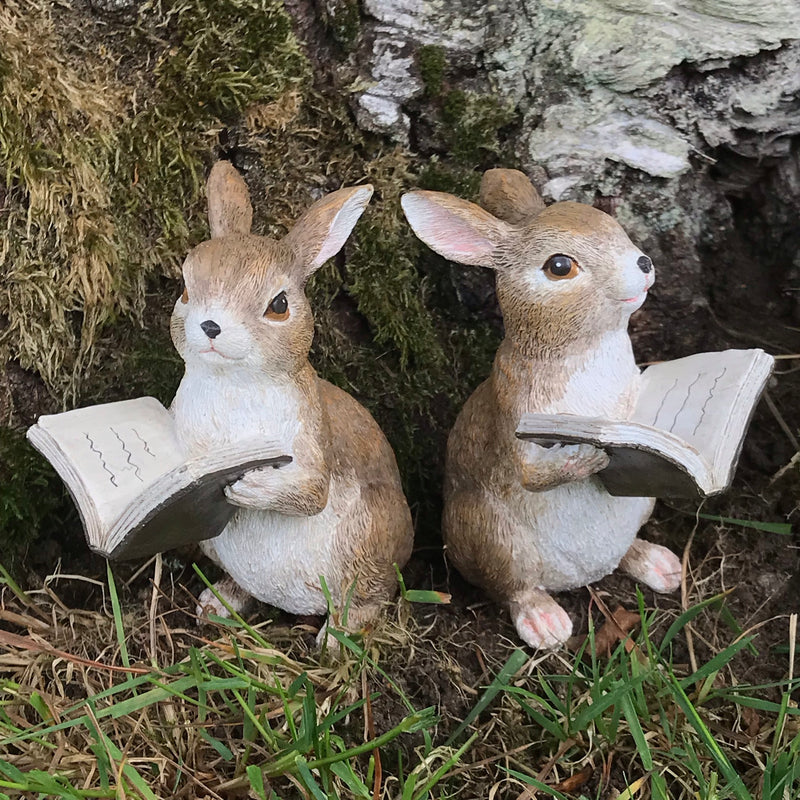 Itsy & Bitsy rabbits - SET OF TWO Rabbit Reading Book ornaments, Fairy Garden decoration, Rabbit or Book lover gift