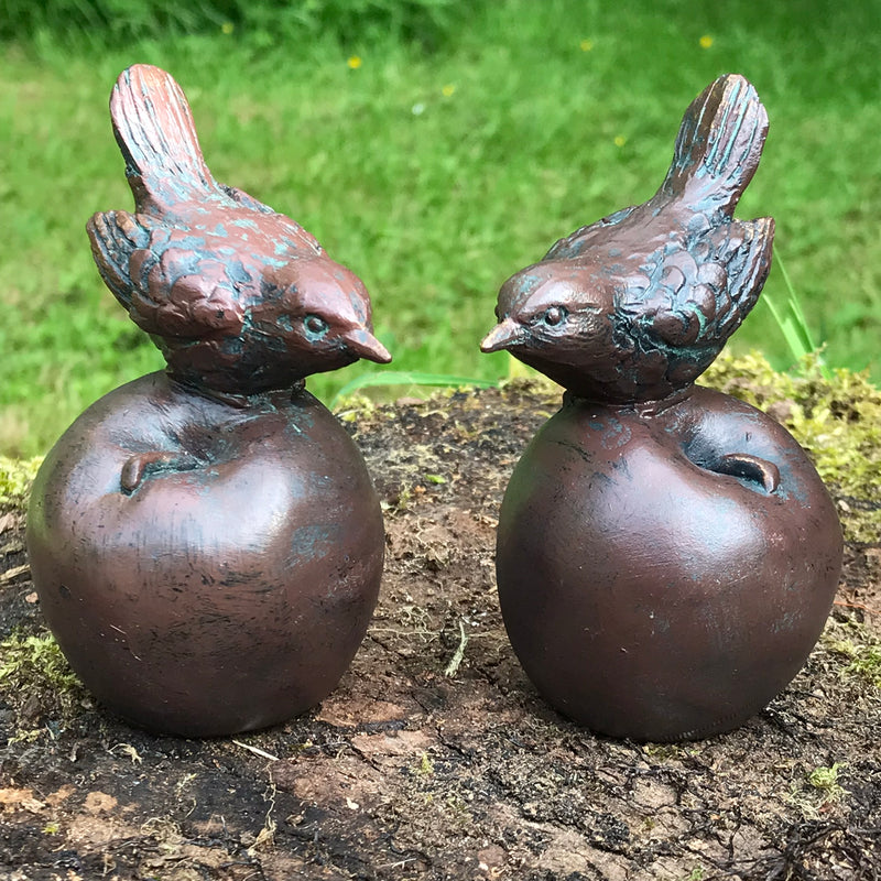 SET of TWO Wrens on Apple bronze effect indoor ornament or garden decoration