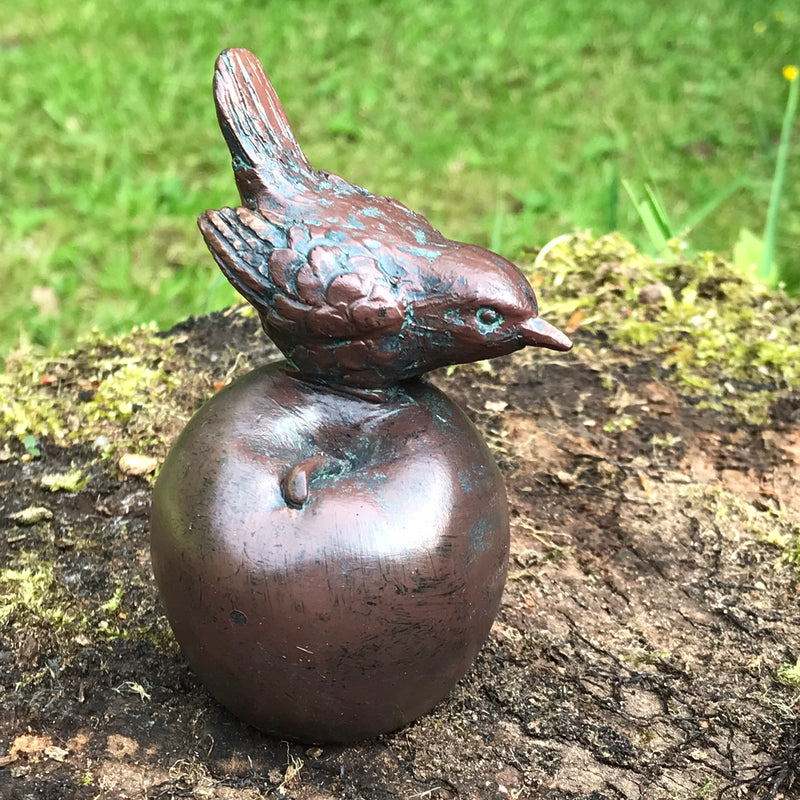 SET of TWO Wrens on Apple bronze effect indoor ornament or garden decoration