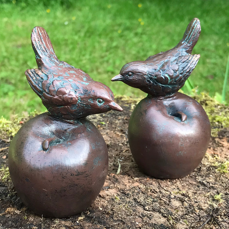 SET of TWO Wrens on Apple bronze effect indoor ornament or garden decoration