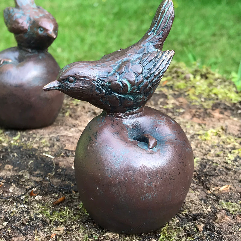 SET of TWO Wrens on Apple bronze effect indoor ornament or garden decoration