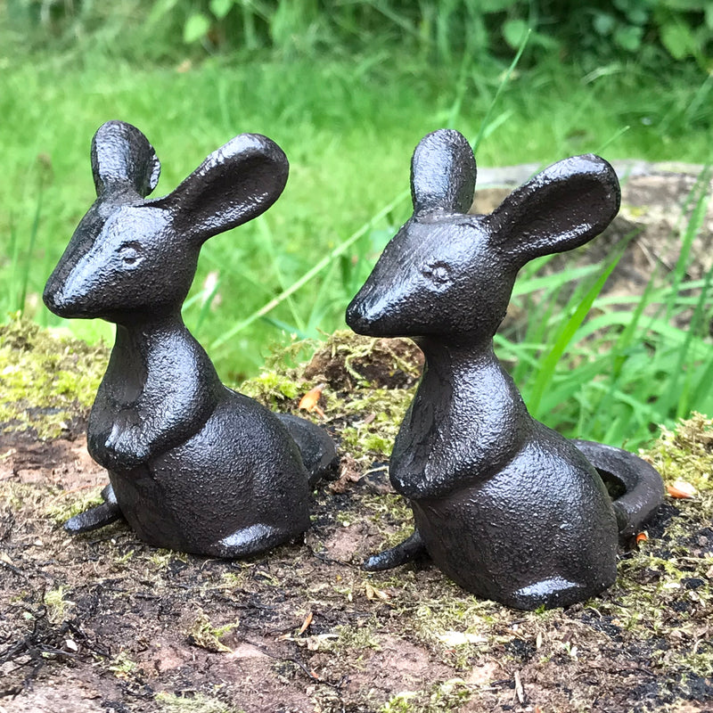 Set of 2 heavy solid cast iron mice in 'Listening' pose indoor ornaments or garden decorations