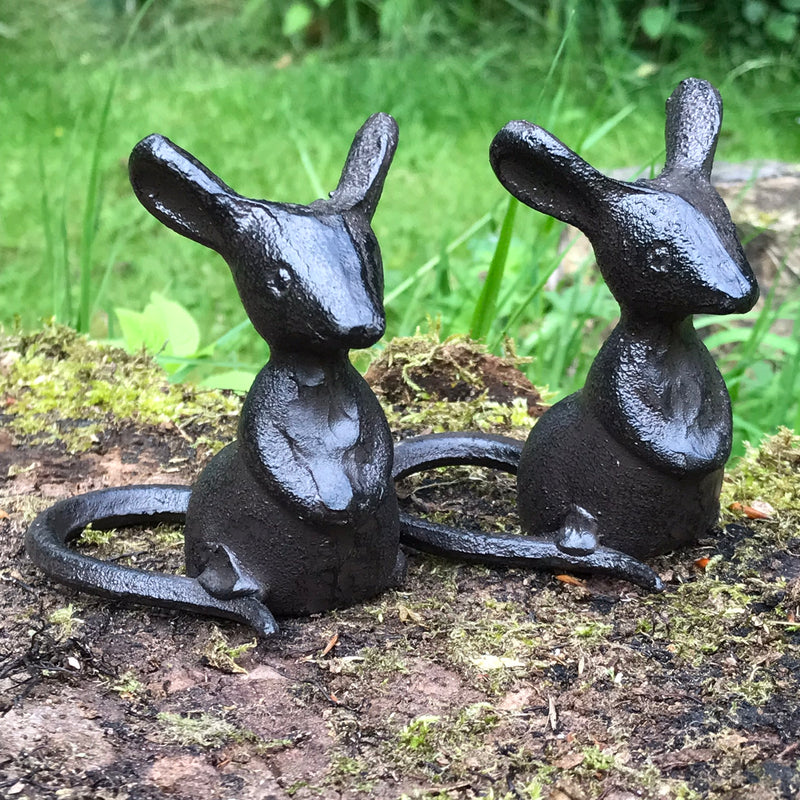 Set of 2 heavy solid cast iron mice in 'Listening' pose indoor ornaments or garden decorations