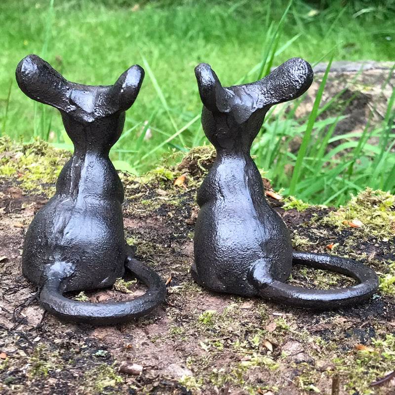 Set of 2 heavy solid cast iron mice in 'Listening' pose indoor ornaments or garden decorations