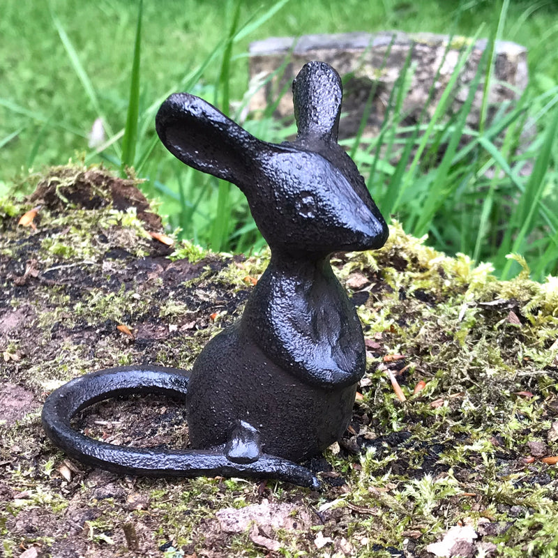 Set of 2 heavy solid cast iron mice in 'Listening' pose indoor ornaments or garden decorations