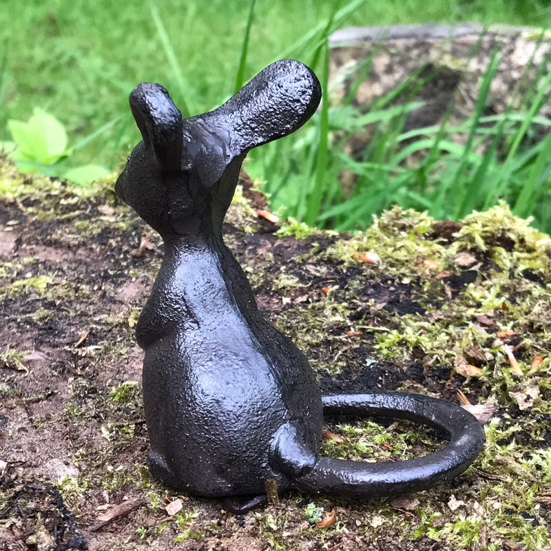 Set of 2 heavy solid cast iron mice in 'Listening' pose indoor ornaments or garden decorations