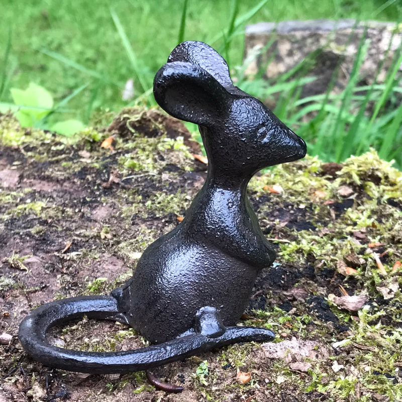 Set of 2 heavy solid cast iron mice in 'Listening' pose indoor ornaments or garden decorations