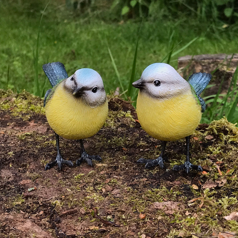 SET OF TWO resin Blue Tit Ornament garden decorations, great garden bird lover gift