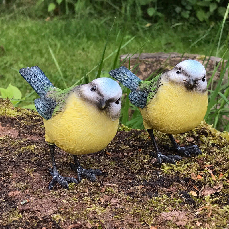 SET OF TWO resin Blue Tit Ornament garden decorations, great garden bird lover gift