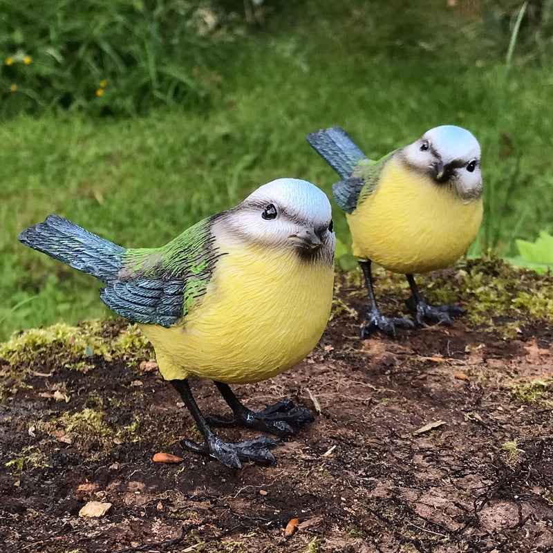 SET OF TWO resin Blue Tit Ornament garden decorations, great garden bird lover gift