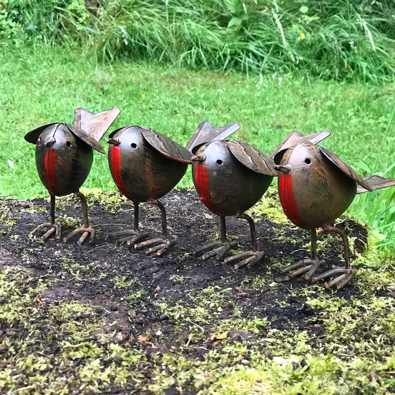SET OF 4 quirky metal ROBIN garden ornament hand painted, indoor or outdoor decoration