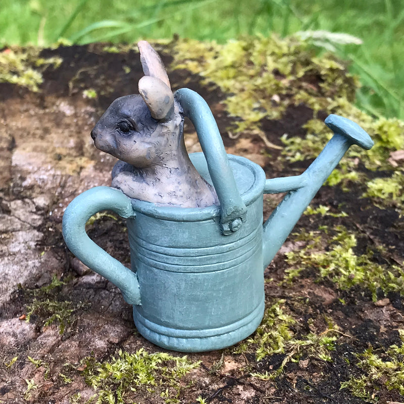 Cute Bunny in choice of RED or BLUE Watering Can, novelty fairy garden ornament decoration, Rabbit lover gift