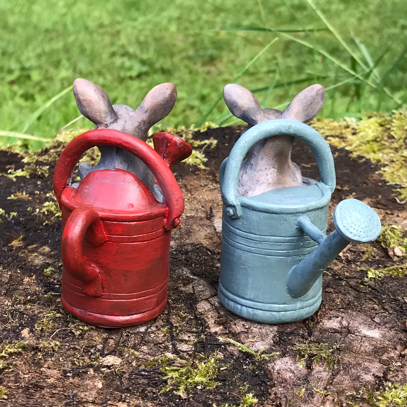 Cute Bunny in choice of RED or BLUE Watering Can, novelty fairy garden ornament decoration, Rabbit lover gift