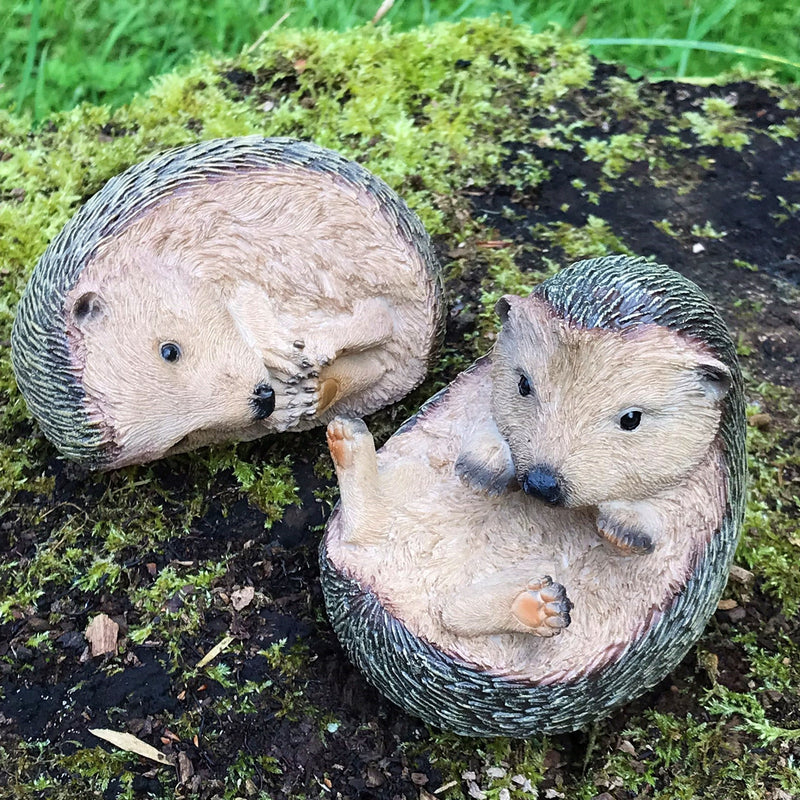 Set of 2 playful Baby Hedgehog indoor or outdoor ornaments, hedgehog lover gift